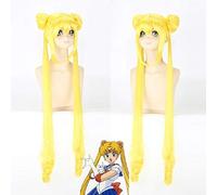 Sailor Moon Tsukino Usagi Cosplay Pelucas 120cm Super Largas Pelucas rubias amarillas con moños Pelo sintético Peluca de Cosplay de Halloween para niñas Tsukino Usagi WIG PL-076