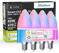 sailsco Matter Alexa Bombilla Inteligente E14,Lámpara WiFi LED Compatible Smart Life,Bombilla Regulable Blanco Cálido-Blanco Frío y Multicolor,Control mediante APP,No necesita Hub,4.9W 470LM,4 Pack