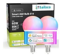 sailsco Matter Alexa Bombilla Inteligente E14,Lámpara WiFi LED Compatible Smart Life,Bombilla regulable Blanco Cálido-Blanco Frío y Multicolor,Control mediante APP,No necesita Hub,9W 806LM,2 Piezas