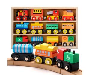 SainSmart Jr. Wooden Train Set 12 PCS - Train Toys with Storage Box, Magnetic Toy Trains Compatible with All Major Brands, Gift for Toddlers, Boys and Girls Aged 3+