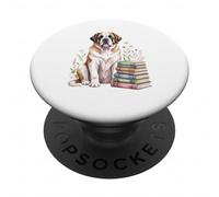 Saint Bernard Dog Bookworm Flowers Book Reading Books PopSockets PopGrip Adhesivo