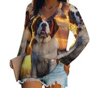 Saint Bernard Dog Sunset - Camisa de manga larga para mujer, estilo casual, cuello en V, para otoño, ajuste holgado, Estilo:, XXL