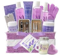 Saint Roy Juego de 20 cestas de regalo de baño para mujeres y hombres, set de spa de lujo para el cuidado personal en el hogar, cesta de regalo de baño de lavanda con juego de cortaúñas, piedra