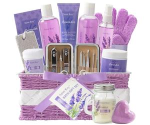 Saint Roy Juego de 20 cestas de regalo de baño para mujeres y hombres, set de spa de lujo para el cuidado personal en el hogar, cesta de regalo de baño de lavanda con juego de cortaúñas, piedra