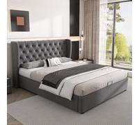 Sairedel Cama acolchada con forma de orejas, material grande, botón con costuras para cama de matrimonio, 140 x 200 cm, base de cama con un tejido no tejido, color negro y gris