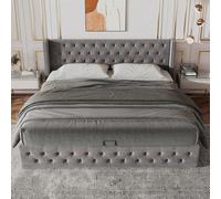 Sairedel Cama con cojín acolchado, doble fila de remaches de franela, ojal cosido, cama de matrimonio 140 x 190 con función lateral, parte trasera de tela no tejida impermeable negro, gris