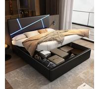 Sairedel Cama de matrimonio de 140 x 200 cm con iluminación LED integrada - Cabecero de cama abatible, revestimiento de piel iluminada negra y muelle de láminas - Confort y tecnología (Matthew-free)