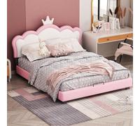 Sairedel Kinderbett Polsterbett 140 x 200 cm mit Lattenrosten und Rückenlehne, Mädchenbett mit Kronenformung, rosa (Matratze nicht enthaltet)