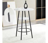Sairedel Mesa de bar de diseño con efecto mármol blanco, estructura de metal negro, contenedor integrado, diámetro 60 cm, altura 89 cm, ideal para cocina, salón y café