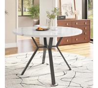 Sairedel Moderna y sencilla mesa de comedor redonda de mármol (diámetro 1 m), mesa auxiliar negra en forma de X con soporte de metal, estable y resistente, color dorado (blanco negro + MDF + acero)