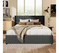 Sairedel Práctica cama con función hidráulica, cama de matrimonio de 160 x 200 cm en líneas grises, con estructura de láminas de madera y estructura de metal, sin colchón