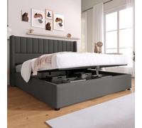 Sairedel Práctica cama con función hidráulica, cama de matrimonio de 180 x 200 cm, de lino gris, con estructura de láminas de madera y estructura de metal, sin colchón