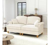 Sairedel , Sofá grande de 2 plazas en estilo moderno con reposabrazos acampanados, volante extraíble y patas de madera, cómodo tejido chennille, blanco