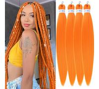 SAISIFEN Extensiones De Cabello Trenzado Preestirado para Mujer 4 Piezas/Lote Largo Yaki Recto Agua Caliente Ajuste Caja De Trenzas De Ganchillo Kanekalon Pelo Sintético 90g/Pieza 66 CM Color Naranja