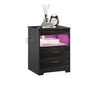 Saitedudu Mesita de noche con tira luminosa de luces LED multicolor variable, 2 cajones, el tablero de la mesa se puede empujar y tirar, 2 enchufes USB y 2 tomas de corriente (negro, 45 x 40 x 58 cm)