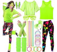 SaiXuan 26 Pcs Disfraz de los 80 Mujer, Camisa de Malla, Chalecos Fluorescentes, Diadema, Pendientes, Collar, Guantes de Malla, para Ropa Años 80 Disfraz en Fiestas Temáticas y Espectáculos (XL)