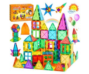 SaiXuan 50 PCS Bloques Magnéticos, Incluye Piezas Magnéticas de Colores Cuadradas y Triangulares, Fuerte Adhesión Magnética, con Bolsa de Almacenamiento y Manual, Regalo Ideal para Niños de 3 Años