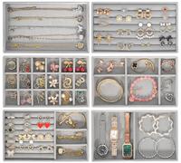 SaiXuan 6 Piezas Organizador de Joyas, Terciopelo, para Anillos, Pendientes, Collares, Pulseras, Relojes, Diseño Apilable, para Cajones, Tocador y Tiendas de Joyería, Organizador de Joyería (Gris)