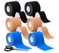 SaiXuan 6 Rollos Cinta Kinesiológica (5cm x 5m) - Kinesiotape Deportivo Adhesivo, Impermeable y Transpirable, para Soporte Muscular y Articulaciones, Negro/Beige/Azul Claro con Tijeras Profesionales