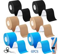 SaiXuan 6 Rollos Cinta Kinesiológica (5cm x 5m) - Kinesiotape Deportivo, Negro/Beige/Azul Claro, Impermeable, Transpirable y Elástica, con Tijeras, para Soporte Muscular y Articulaciones