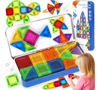 SaiXuan Bloques Magnéticos Construcción Niños 42 Piezas, Mini Magnetic Tiles con Caja Metálica 19×9×2 cm, Juego Educativo Stem Portátil para Viaje, Creatividad y Aprendizaje Temprano Niños 3 4 5 Años