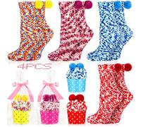 SaiXuan Caja de Calcetines Navideños en Forma de Pastel - 4 Pares (Rosa Claro, Amarillo, Azul Claro, Rojo) - Regalo Divertido para Mujer, Calcetines Suaves y Cálidos, Talla Única 36-42