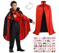 SaiXuan Capa de Vampiro, Halloween Reversible Roja y Negra 150cm con Capucha, Dientes de Vampiro, Capa Dracula Niño,Tatuajes Sangre, Capas Halloween Niño para Carnaval, Cosplay, Fiesta