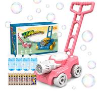 SaiXuan Cortacésped de Burbujas para Niños con Luz, Máquina de Burbujas para Exterior, con 4 Botes de 50 ml y 10 Sobres Concentrados, Juguete Rosa para Jardín, Patio y Parque