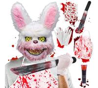 SaiXuan Disfraz Conejo Sangriento Halloween Adulto - Máscara Conejo Terror con Delantal Ensangrentado, Cuchillo Falso, Guantes, Sangre y 10 Tatuajes, Set Completo de Disfraz Halloween Cosplay Horror