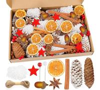 SaiXuan Juego de manualidades navideñas, 15 rodajas de limón, 10 anís estrellado, estrellas de madera, piñas, bayas, palitos de canela, 20 g de musgo, yute