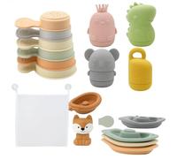 SaiXuan Juguetes Bañera Bebé Antimoho - Set 4 Juguetes de Baño Silicona (Dinosaurio, Pingüino, Koala, Morsa) + Barco con Zorro + 6 Vasos Apilables + 5 Barquitos + Bolsa Malla 37x47 cm para Niños