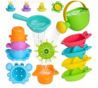 SaiXuan Juguetes Baño Bebé 14 Piezas - Set Juguetes Bañera Bebé con Regadera, Rueda de Agua, Barquitos y Vasos Apilables - Juguetes Bañera para Niños, Ducha Bebé y Piscina