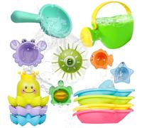 SaiXuan Juguetes Baño Bebé 14 Piezas - Set Juguetes Bañera Bebé con Regadera, Rueda de Agua, Barquitos y Vasos Apilables - Juguetes Bañera para Niños, Ducha Bebé y Piscina