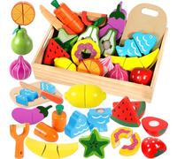 SaiXuan Set de Juguetes de Cocina de Madera para Niños - Frutas y Verduras para Cortar, Incluye Pelador/Cuchillo/Tabla, Juguetes Montessori para 3 Años o Más