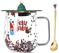 SaiXuan Taza de Navidad de Doble Pared 250-280 ml con Tapa y Cuchara Dorada - Vaso de Borosilicato Transparente con Purpurina Líquida, Taza Café Cristal Decorativa, Café o Té