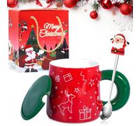 SaiXuan Tazas Navideñas, Divertida Taza Navidad, Taza Roja para Desayuno, Tazas de café con Linda Cuchara, Tapa Verde, Asa, Motivo Navideño, Idea de Regalo para Hombres y Mujeres, Cerámica