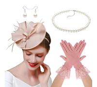 Saiyana 20s Derby con pendientes de collar con plumas, guantes para mujer, carreras y cócteles, accesorios para la cabeza (beige)