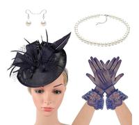 Saiyana 20s Derby con pendientes de collar con plumas, guantes para mujer, carreras y cócteles, accesorios para la cabeza, color azul