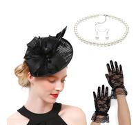 Saiyana 20s Derby con pendientes de collar con plumas, guantes para mujer, carreras y cócteles, accesorios para la cabeza (negro)