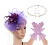 Saiyana Fascinador de encaje para el pelo, collar y guantes para cócteles, eventos, juego de rol, accesorio de disfraz Ac(morado)