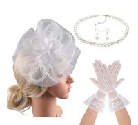 Saiyana Fascinador de flores de encaje, collar para el pelo, guantes para cócteles, eventos, juegos de rol, accesorios de disfraz Ac(blanco)
