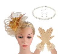 Saiyana Fascinador de flores de encaje, collar para el pelo, guantes para cócteles, eventos, juegos de rol, accesorios de disfraz Ac(dorado)