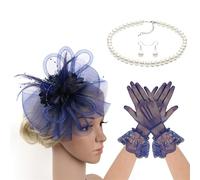 Saiyana Fascinador de flores de encaje, collar para el pelo, guantes para cócteles, eventos, juegos de rol, accesorios de disfraz Ac(azul)