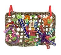 Saiyana Juguete de pared para pájaros con gancho para colgar, tapete tejido de 28 x 19 cm con bloques de madera coloridos, juguetes masticables para pájaros, tapete de forraje para pájaros