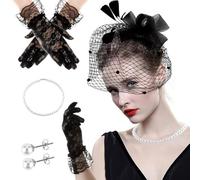 Saiyana Tocado de malla para mujer, estilo vintage, para cócteles, con guantes, color negro