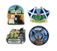 SAJAK Juego de 4 imanes para nevera de Escocia, paquete de recuerdo escocés con castillo de Edimburgo, perros Westie Terrier, gaitas, bandera de Saltire, cardo, flautista, regalo de viaje de Glasgow