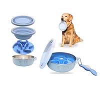 Sajja Juego de cuencos 3 en 1 para mascotas, comida y agua con tapa plegable, mosquetón y soporte para botella de agua, inserto de alimentador lento, a prueba de fugas, parte inferior de goma