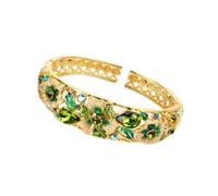 SAJMAKUWLA Pulsera cloisonné, Pulsera Ovalada con Diamantes de imitación y Esmalte cloisonné, joyería Vintage Hueca Alta Gama Flores Doradas bisagra Resorte for Mujer(Green)