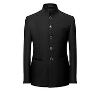 Sakko Hombres Primavera Otoño Sólido Cuello Alto Chaqueta de Punto Casual Chaqueta Túnica Chino Traje Slim Fit Vintage Tradicional Chino Novio Vestido Blazer, Negro , XL