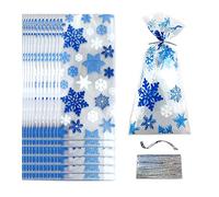 SaktopDeco 100 bolsas de celofán de copo de nieve de Navidad, bolsas de regalo, bolsas de panadería con lazos giratorios para fiestas de Navidad, copos de nieve, suministros de cumpleaños